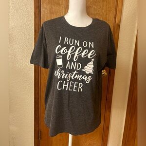 Gray Short Sleeve Tee with Coffee and Holiday Christmas Print